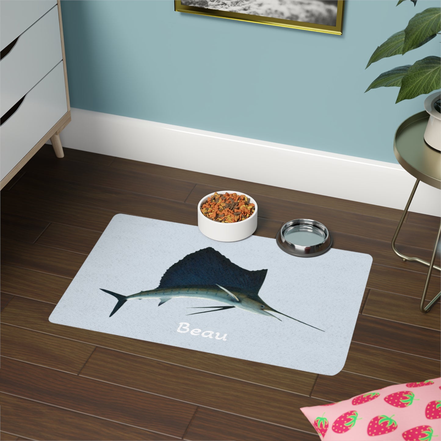 Customized Sailfish Design "Beau" Pet Food Mat (12x18)