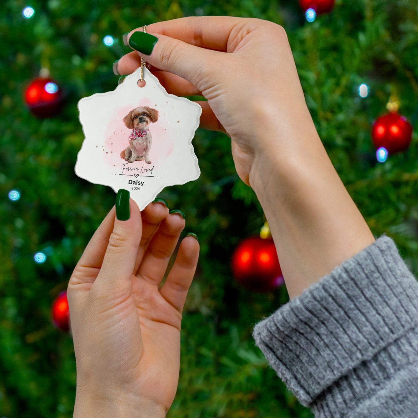 Customized Pet Memorial Christmas Ceramic Ornament, 2 Shapes, "Daisy"
