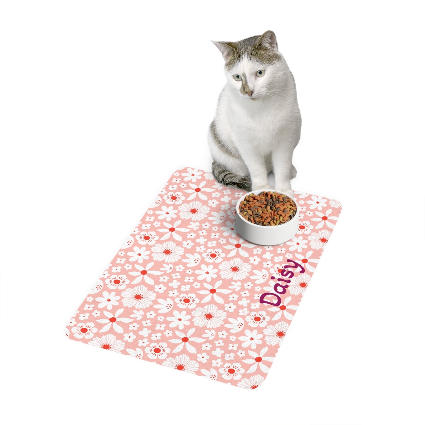 Customized Pink Boho Design "Daisy" Pet Food Mat (12x18)