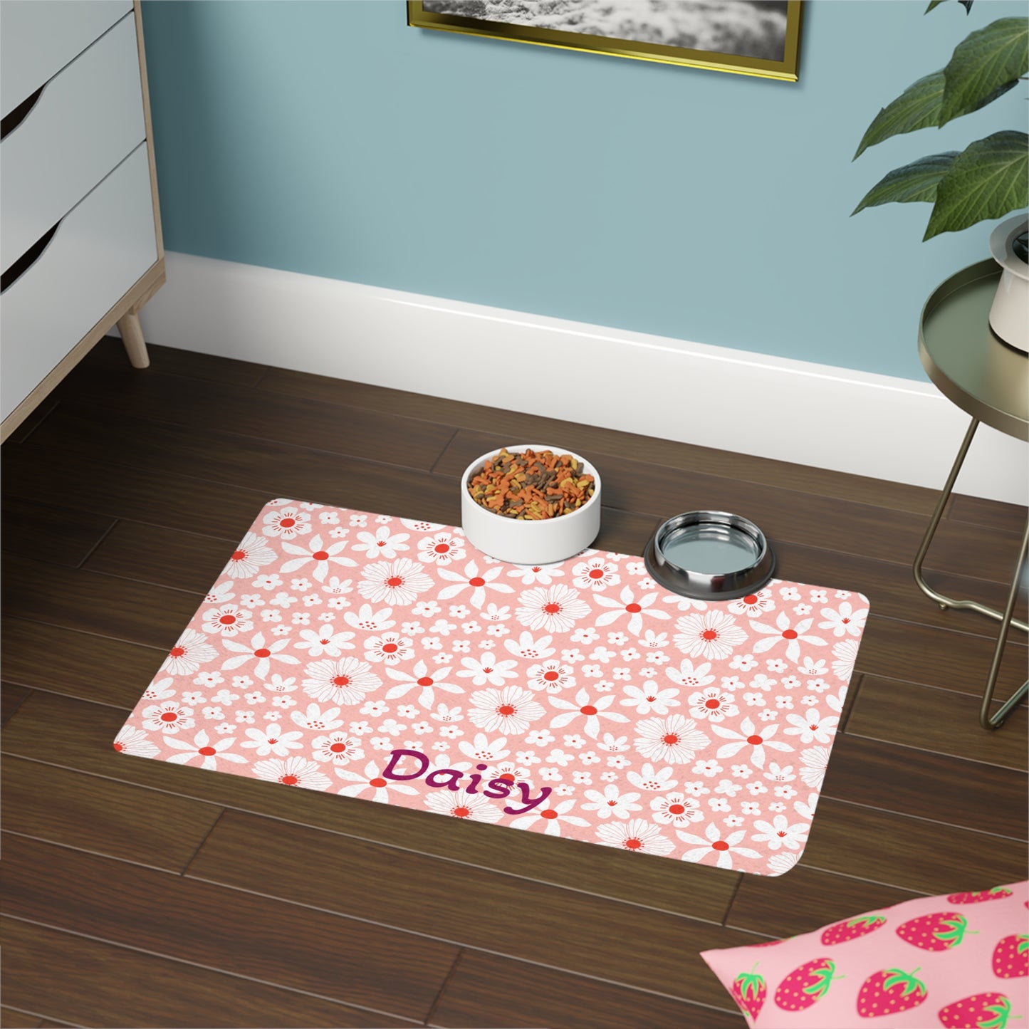 Customized Pink Boho Design "Daisy" Pet Food Mat (12x18)
