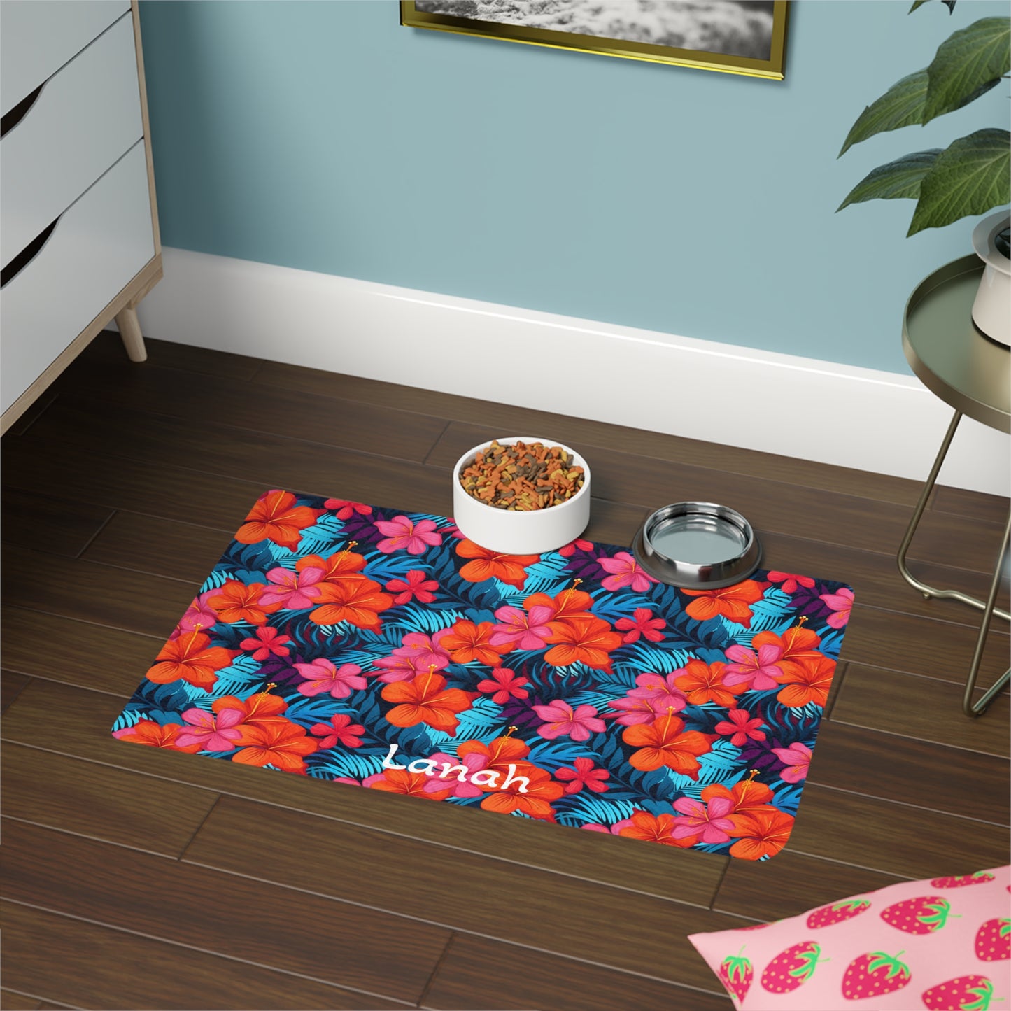 Customized Cute Tropical Floral Design "Lanah" Pet Food Mat (12x18)