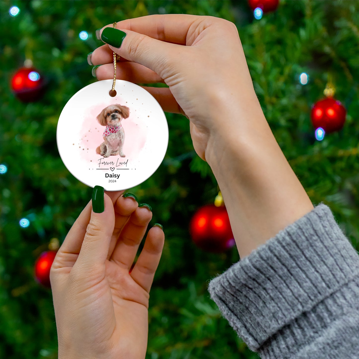 Customized Pet Memorial Christmas Ceramic Ornament, 2 Shapes, "Daisy"