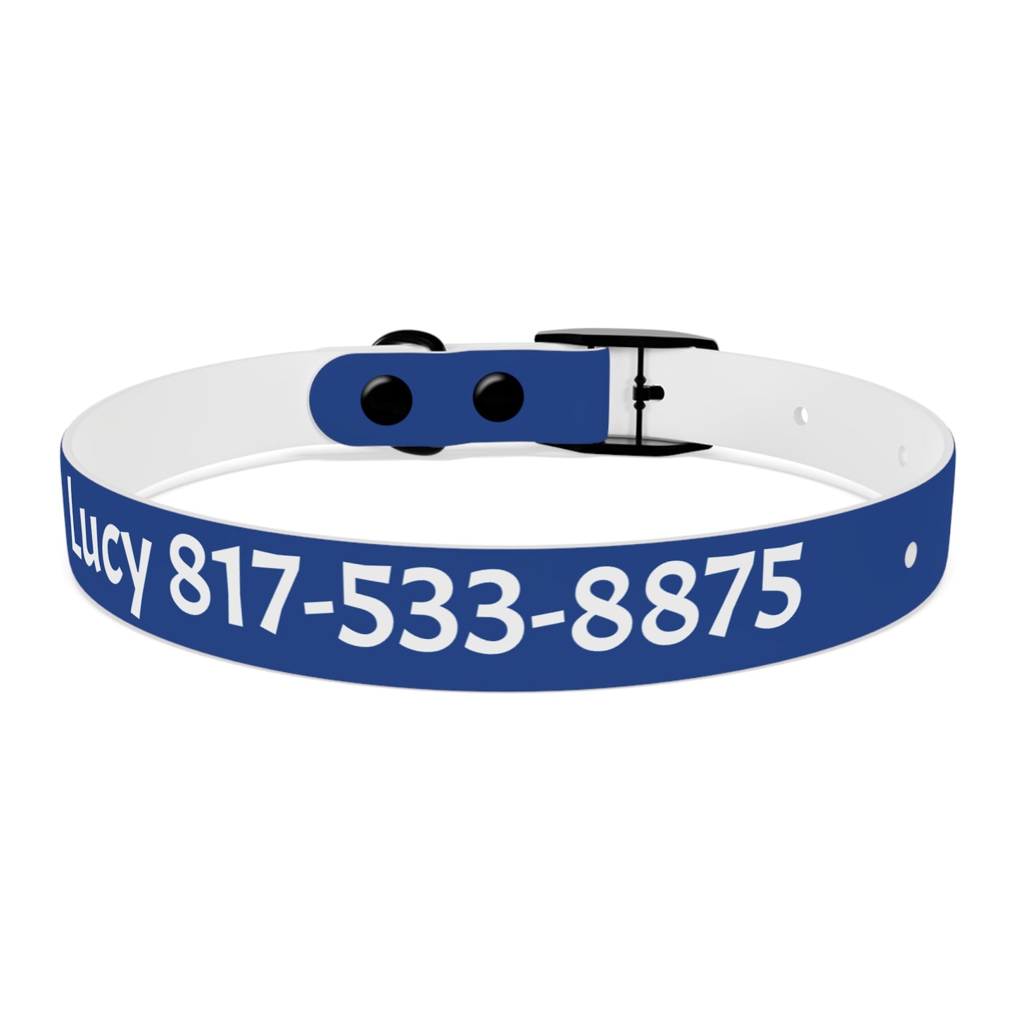 Customized Blue Dog Collar, With Phone Number - "Lucy"